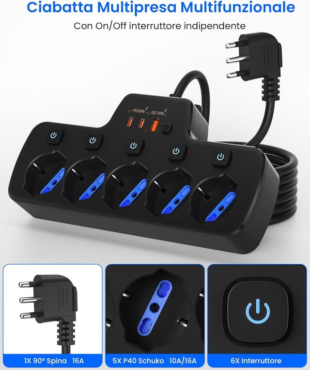 Detalle 2 de Ciabatta elettrica multipresa 5 posti