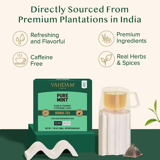 Detalle de VAHDAM Pure Mint Kräutertee Beutel (100 Teebeutel) koffeinfrei – Pfefferminze & Krauseminze