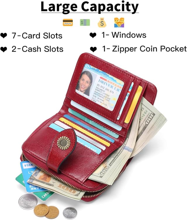 Detalle de SENDEFN RFID blocking leather small wallet for women with multiple card slots & zip coin compartment