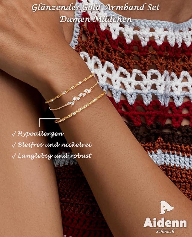 Detalle de Aidenn 3er Set Armbänder aus 925 Sterlingsilber mit Zirkonia – stapelbar & verstellbar