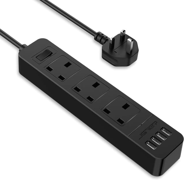 Detalle de JSVER extension lead with 4 USB ports and 3 AC outlets, 200cm cable (smart charging station) — black