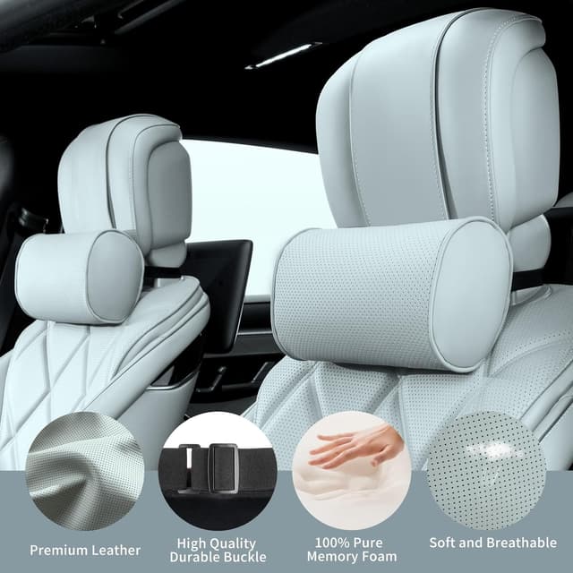 Detalle de Dapucarin Car Headrest Pillow for Driving – 100% memory foam neck support, luxury leather feel