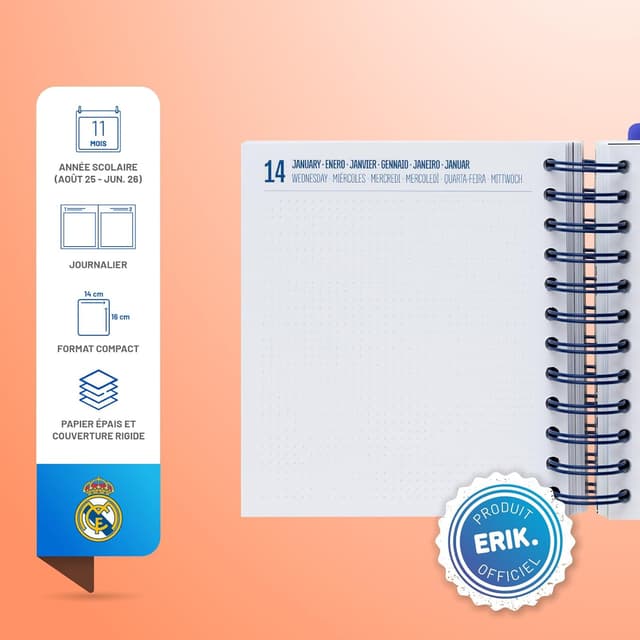 Detalle de Grupo Erik Agenda journalier Real Madrid 2025-2026 (14 x 16 cm) pour fille et garçon