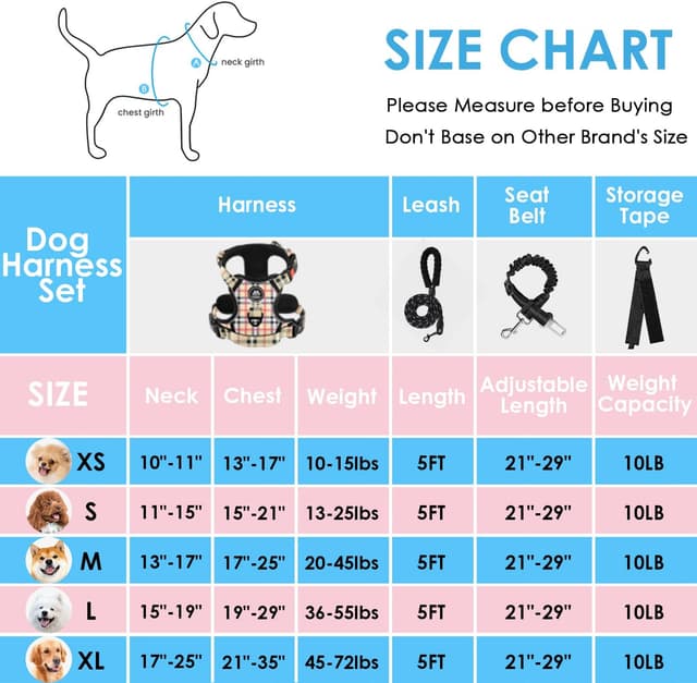 Detalle 2 de NESTROAD Hundegeschirr-Set für große Hunde (Größe L) kariert beige – mit Leine und Sicherheits-Gurt fürs Auto