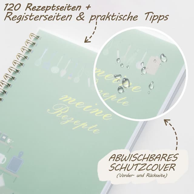 Detalle de ZXHQ Rezeptbuch zum Selberschreiben A5 mit Inhaltsverzeichnis & Schutzcover – Deutsch, 126 Seiten (Salbeigrün)