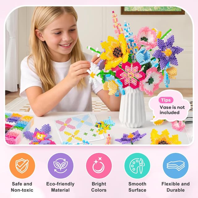 Detalle de WEVOL Bügelperlen Bastelset Blumen mit 4.300 Steckperlen (5 mm), 16 Farben, 14 Vorlagen & Aufbewahrungsbox