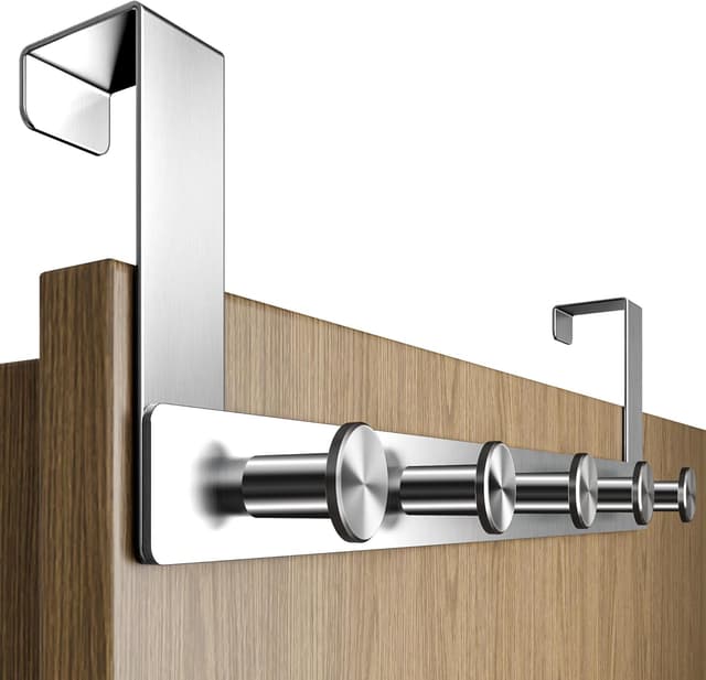 Detalle de Menz Türgarderobe zum Einhängen aus Edelstahl mit runden Türhaken – Türhakenleiste ohne Bohren