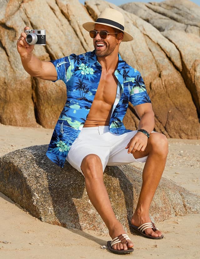 Detalle de COOFANDY Hawaii Hemd für Herren – Kurzarm Sommerhemd im tropischen Blumen-/Aloha-Design
