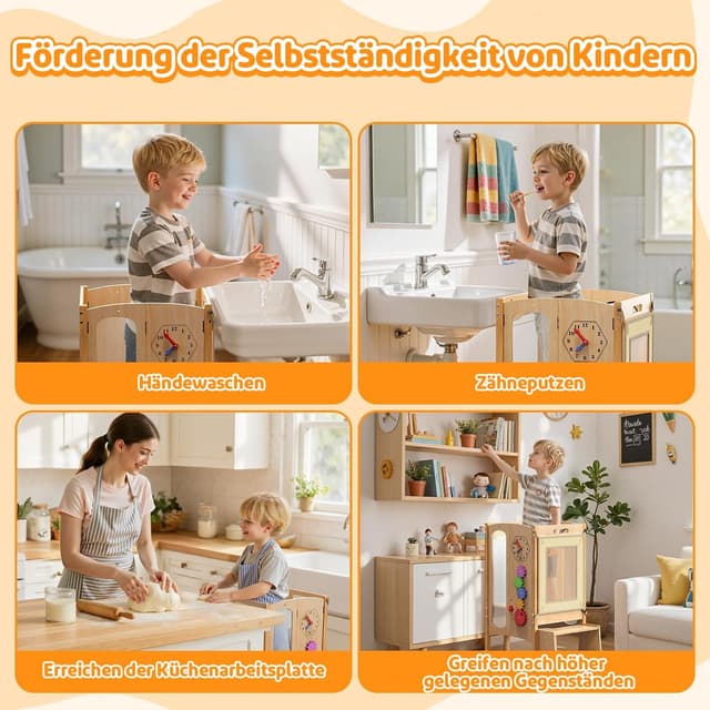 Detalle 2 de SOFTHOM Lernturm klappbar mit 2 höhenverstellbaren Stufen (Montessori, ab 1 Jahr), Birke, mit Sicherheitsnetz