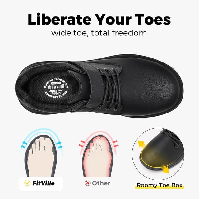 Detalle de FitVille Mens Extra Wide Fit Diabetic Shoes with Adjustable Strap – Comfortable leather walking shoes for swollen feet & plantar fasciitis