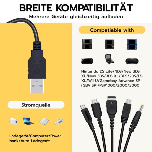 Detalle 2 de USB 5‑in‑1 Ladekabel für Nintendo 2DS