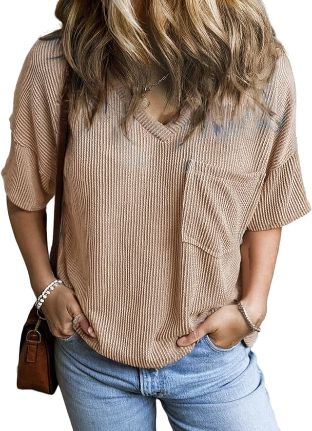 Detalle de GLEENOD Damen T-Shirt mit V-Ausschnitt, Kurzarm und Tasche – locker-oversize für Sommer-Looks