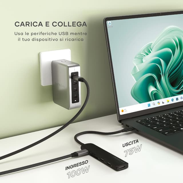 Detalle de SATECHI Hub USB-C 6 in 1 Slim Plus con ricarica PD fino a 100W, HDMI 4K@60Hz e lettori SD/microSD