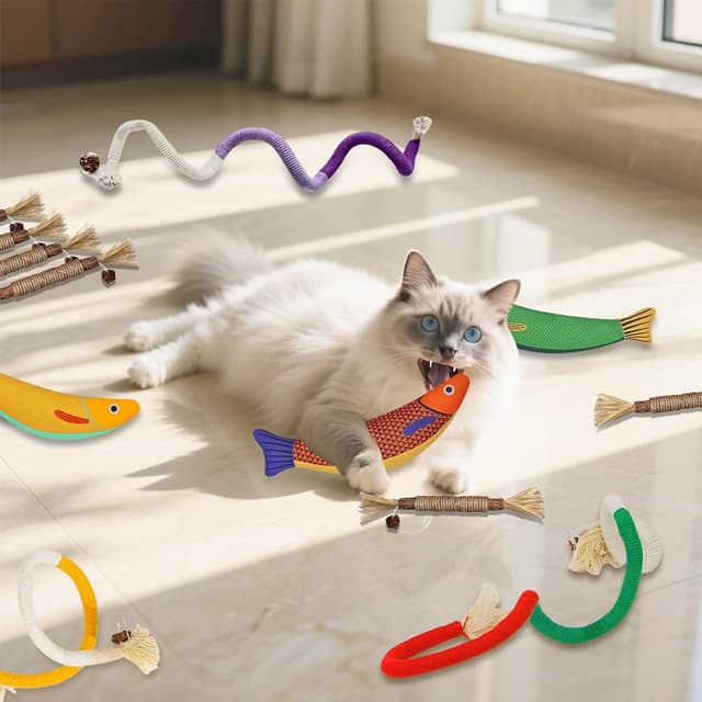 Thumbnail 6 de lompyeu Katzenminze Spielzeug 12-teiliges Set mit Kauhölzern, Beißseilen und Plüschfisch