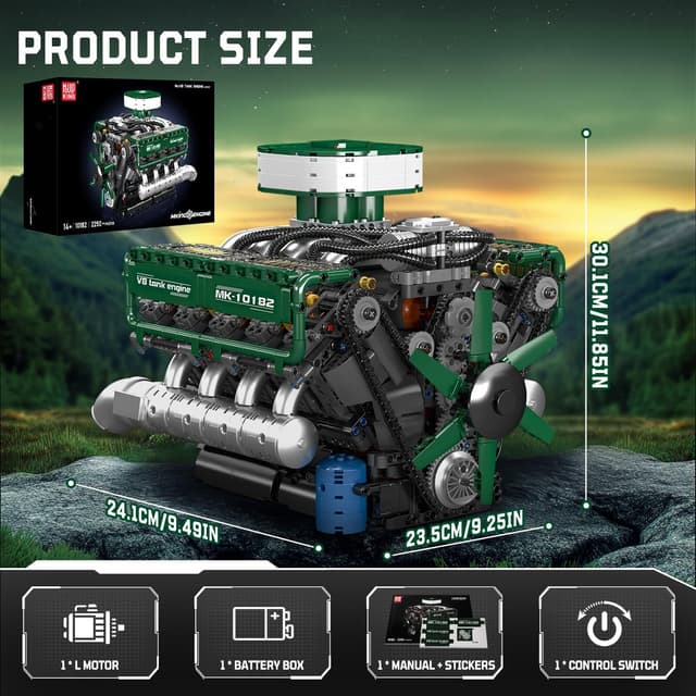 Detalle de Mould King 10182 Technik V8 Twin‑Turbo Motor – Klemmbaustein-Funktionsmodell (2250 Teile)