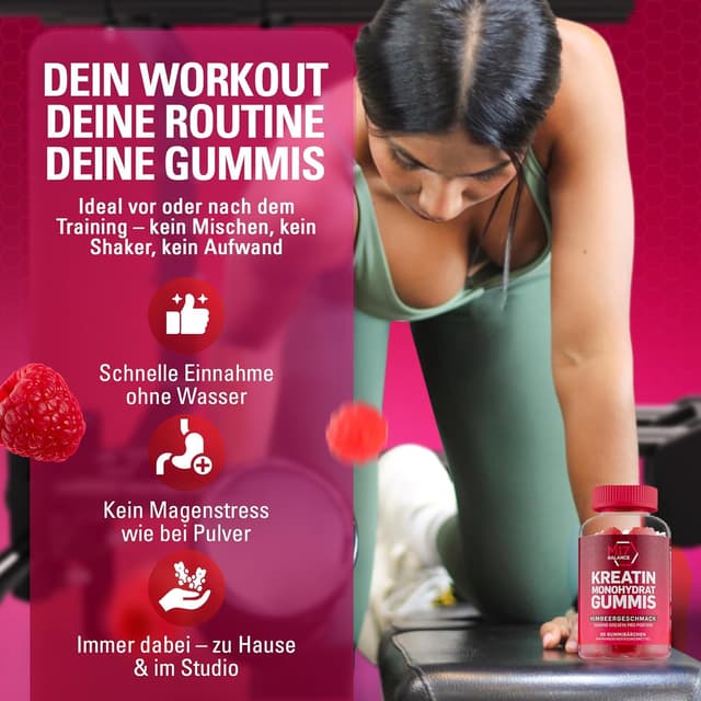 Detalle 2 de Creatin Monohydrat Gummibärchen mit 5.000 mg pro Portion – zuckerfreie Kreatin-Gummis vegan & glutenfrei (30 Portionen, Himbeere)