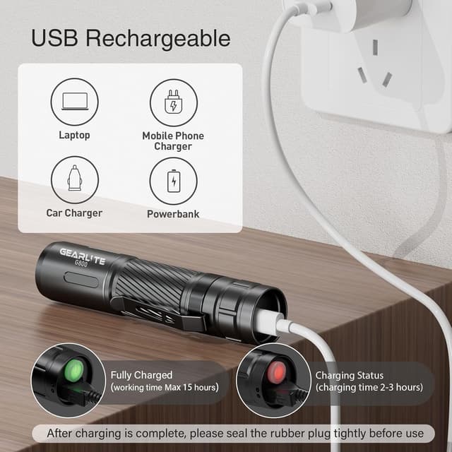 Detalle de GEARLITE G800 LED-Taschenlampe (aufladbar) mit Zoom, 3 Modi und IP65