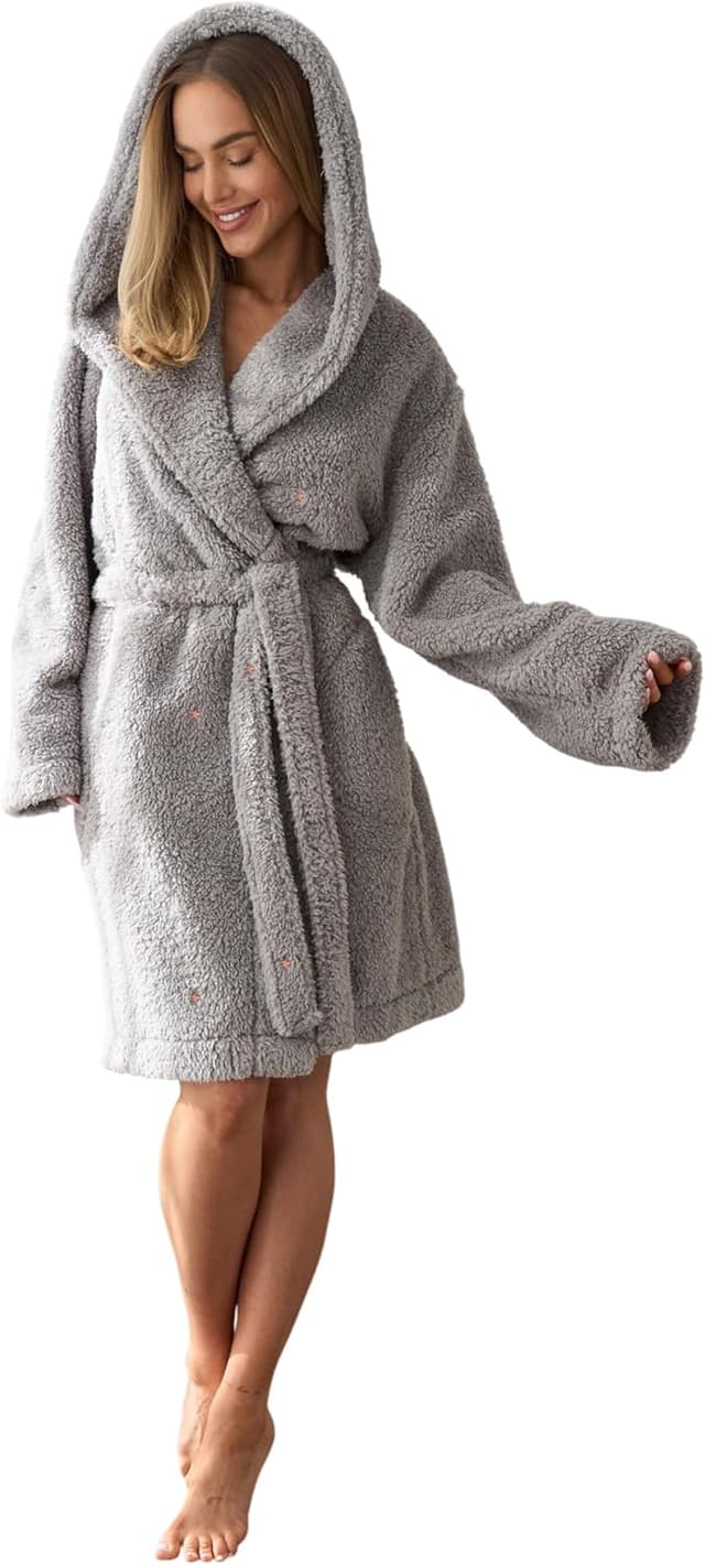 Thumbnail 6 de L&L Bademantel Damen kurz mit Kapuze – weicher Morgenmantel aus 100% Polyester mit Gürtel