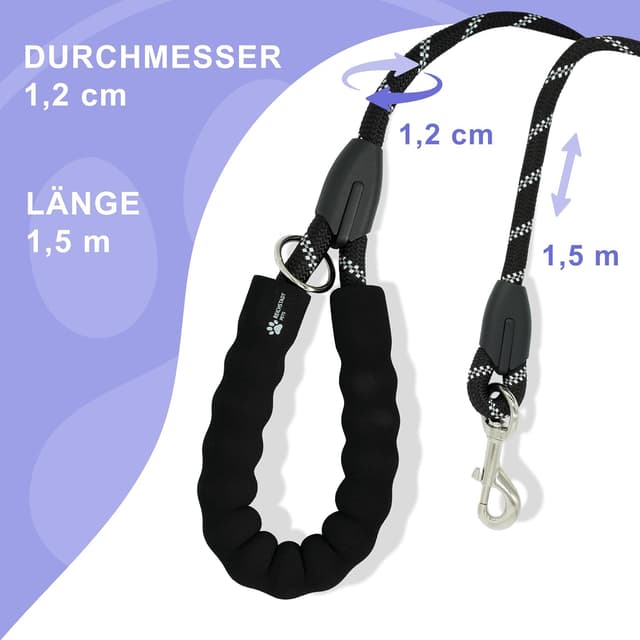 Detalle de Reichstadt Pets Guinzaglio per cani in nylon morbido con impugnatura in EVA riflettente e moschettone girevole 1,5 m