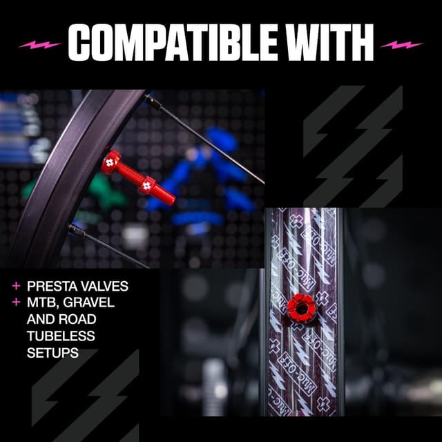 Detalle 2 de Muc-Off Valves Presta Tubeless 44 mm anti-fuite avec outil démontage d’obus intégré (rouge)