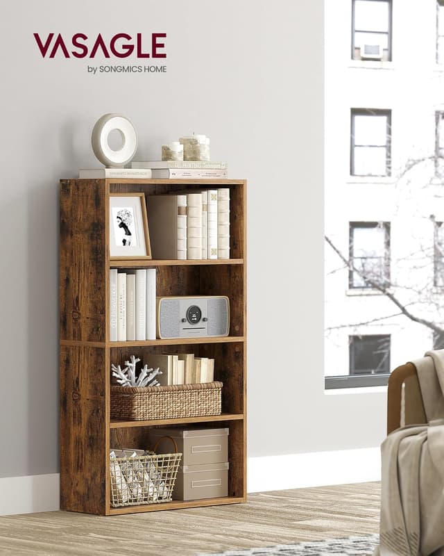 Detalle de VASAGLE LBC164X01 4-Tier Bookshelf with Adjustable Shelves and Open Compartments (Rustic Brown)