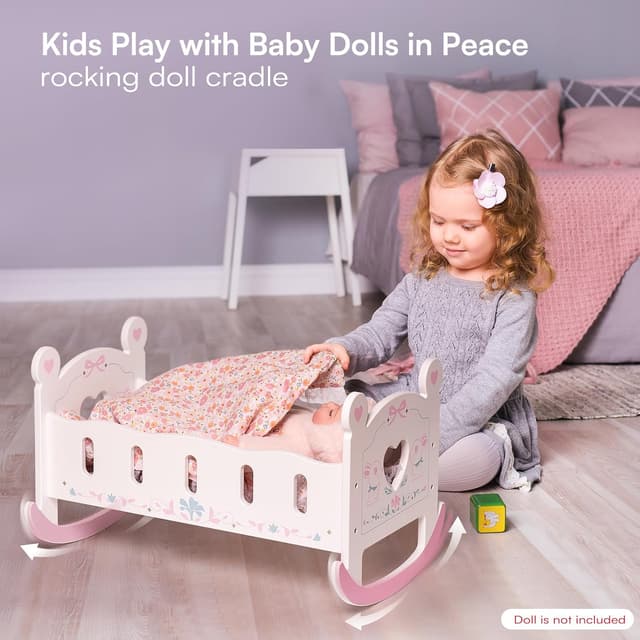 Detalle de ROBOTIME Wooden Baby Doll Crib for 18-24 Inch Dolls (with blanket and pillow) — rocker doll cradle bed