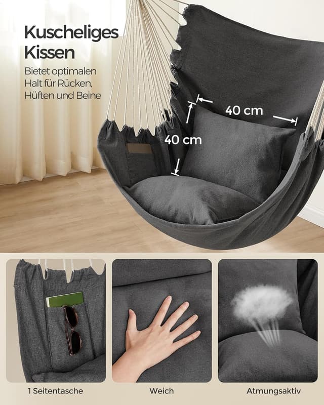 Thumbnail 2 de SONGMICS Hängesessel & Hängeschaukel mit 2 Kissen (GDC187G02) – bis 150 kg belastbar, anthrazitgrau