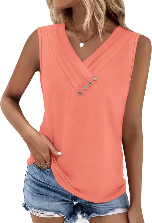 Detalle de Sampeel Women’s Summer Button-Down V-Neck Tank Top (Sleeveless, Loose Fit)