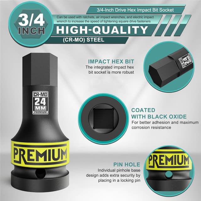 Detalle de Jeu de douilles longues hexagonales à chocs 3/4" KIRXST (14 à 24 mm) – 5 douilles Allen