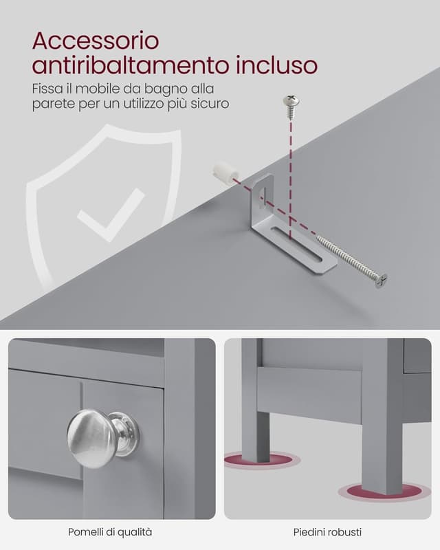 Detalle 2 de VASAGLE Mobile da bagno con luce BBC566G03, armadietto alto da colonna grigio tortora 30 x 30 x 170 cm