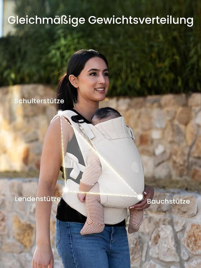 Detalle 2 de Grownsy Babytrage mit Ein-Klick-Schnalle und Kopfstütze (3–20 kg), ergonomisch & leicht – Cremeweiß