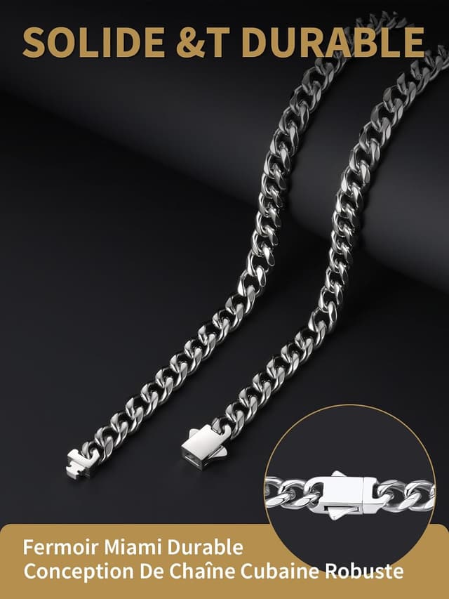 Detalle 2 de FindChic Chaîne homme en acier inoxydable 316L maille gourmette cubaine large 6/9 mm