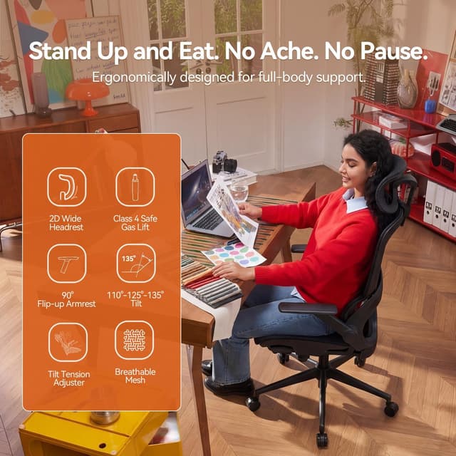 Detalle de SIHOO B100 : chaise de bureau ergonomique à maille respirante, support lombaire dynamique et inclinaison 90–135°