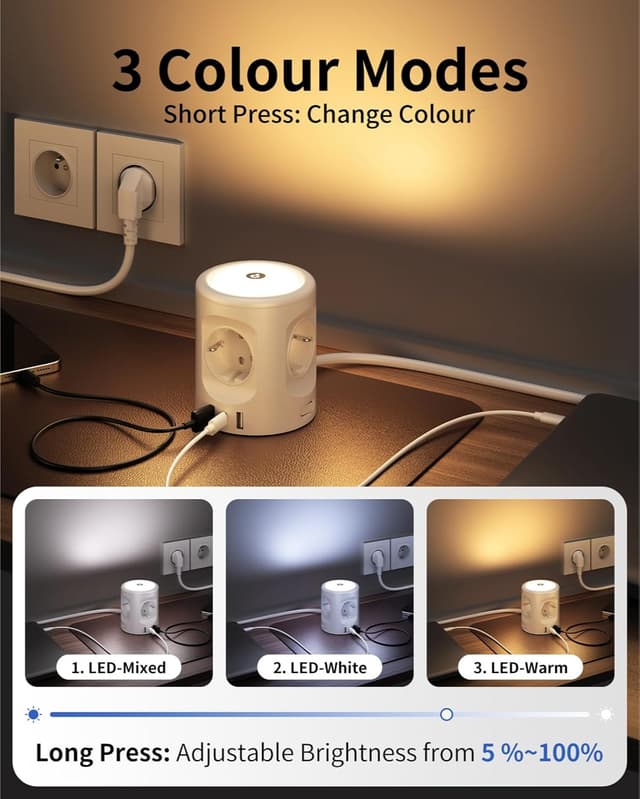 Detalle de Ciabatta multipresa con luce e 3 porte USB (USB-C + USB-A) 16A 2 m con interruttore, ciabatta a 4 scomparti Schuko