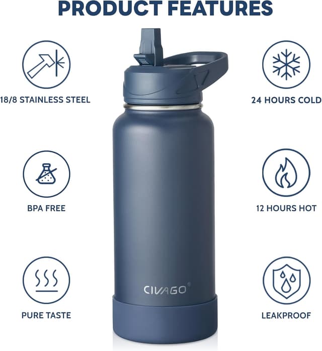 Detalle de CIVAGO 750ml Insulated Stainless Steel Water Bottle with Straw (Pink)