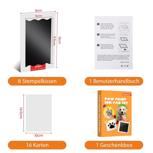 Detalle 2 de 8-teiliges Baby-Fußabdruck & Pfotenabdruck-Set für Hund und Katze (mit 16 Karten) – Stempelkissen und Geschenkbox