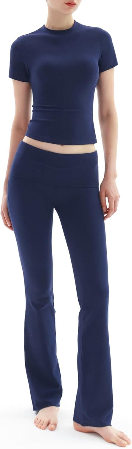 Thumbnail 6 de PUMIEY Women’s 2-Piece Lounge Set (Nap Collection): Short Sleeve Top + Fold-Over Flare Pants