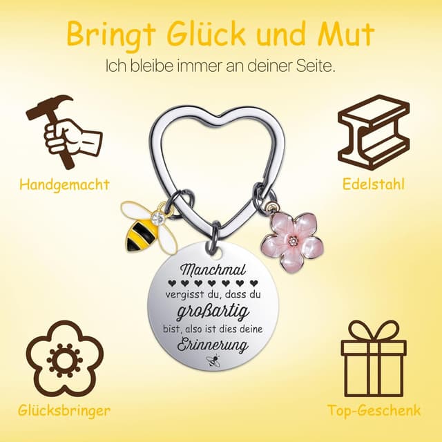Detalle 2 de Farbeele Mutmacher-Geschenk für Frauen: handgemachte Biene mit Glücksbringer-Schlüsselanhänger