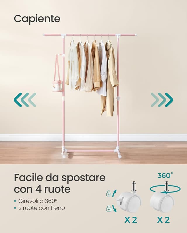 Detalle de SONGMICS LLR001R02 stand appendiabiti con ruote, altezza regolabile 97–165 cm e barra estensibile (rosa pastello)