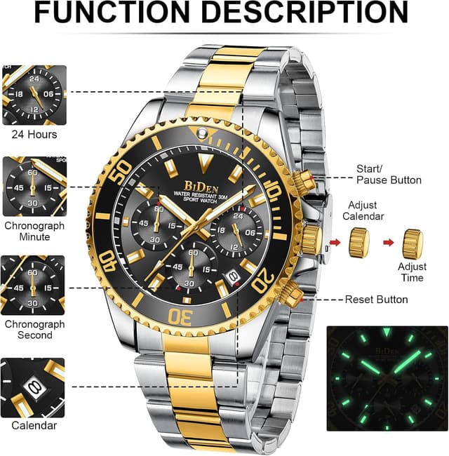 Detalle de HANPOSH Herren Chronographen-Uhr aus Edelstahl mit Quarzwerk, Datum und 3ATM Wasserschutz