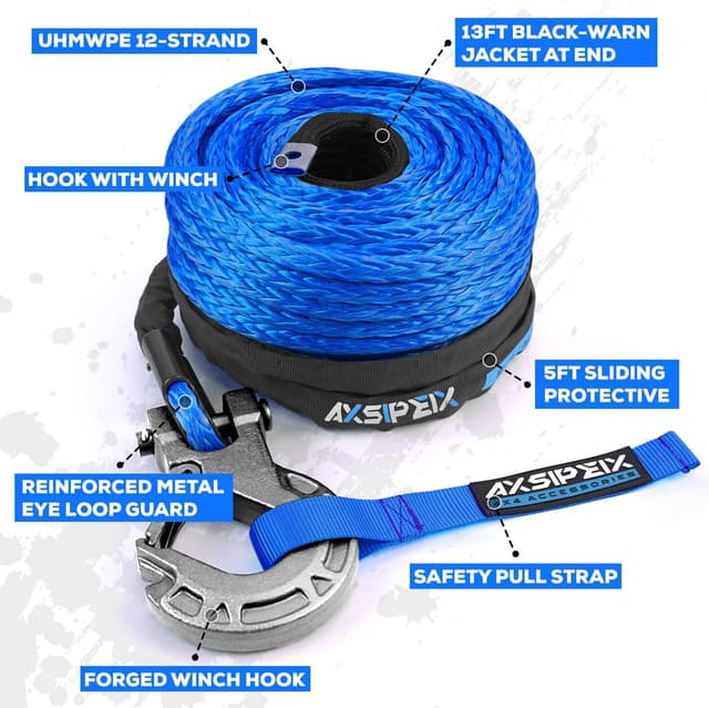 Detalle de Synthetic Winch Rope Kit (3/8" x 92ft) w/ 26,500LBS Break Strength, Blue Rope + Protective Sleeve