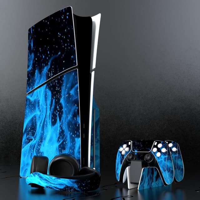 Detalle de playvital Full Set Skin Sticker for PS5 Slim Disc Edition (Blue Flame) – vinyl decals for console, controller, headset & more