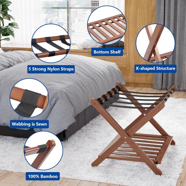 Detalle de Smuxee Fully Assembled Walnut Luggage Rack with Shelf and 5 Nylon Straps (Foldable)