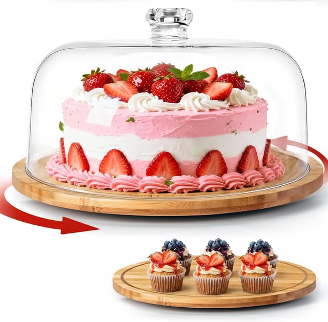 Detalle de Masthome Wooden Cake Stand with Lid (12-inch) with Rotating Base and Clear Acrylic Dome Cover