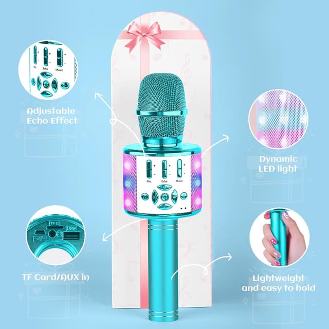 Detalle 2 de BONAOK kabelloses Bluetooth-Mikrofon – Kindermikrofon mit LED-Lichtern und Mini-Karaoke für iOS & Android