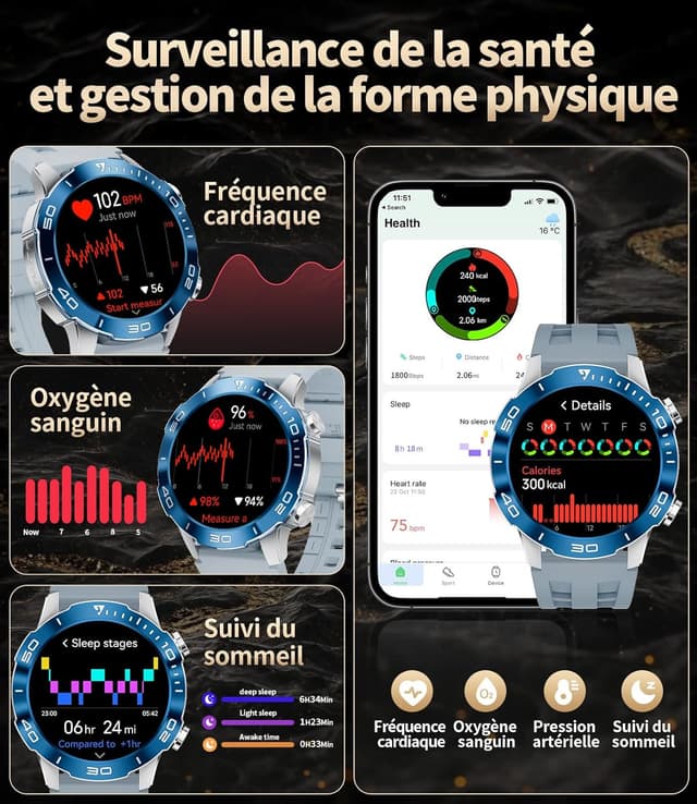 Detalle de SUNKTA Montre connectée homme AMOLED 1,43" : appels Bluetooth, santé et autonomie jusqu’à 30 jours