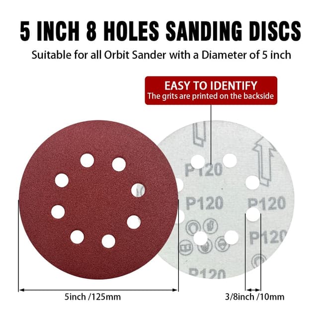 Detalle 2 de 52-Pack 5 Inch 8-Hole Hook and Loop Sanding Discs (Mixed Grits 60–320) for Random Orbital Sanders