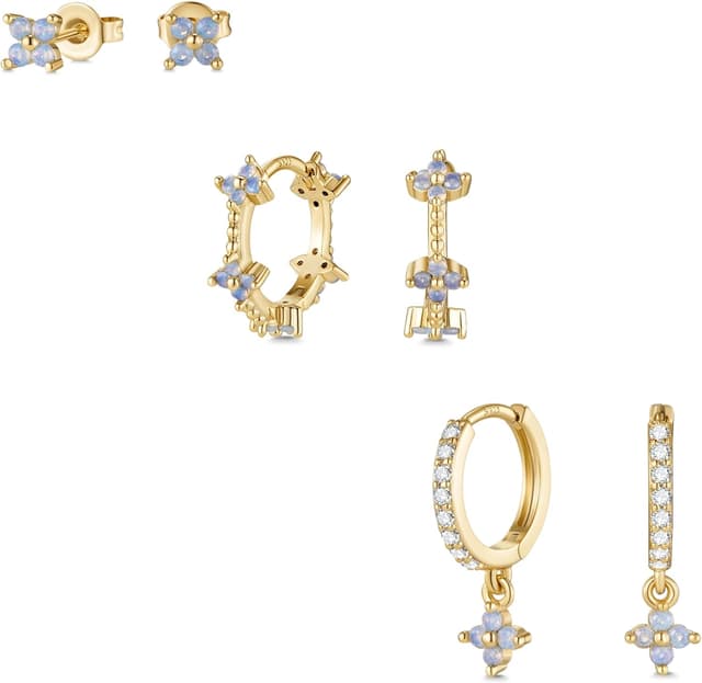 Detalle de Macachii 3 Pairs Sterling Silver & 14K Gold Plated Hoop, Stud & Huggie Earrings Set