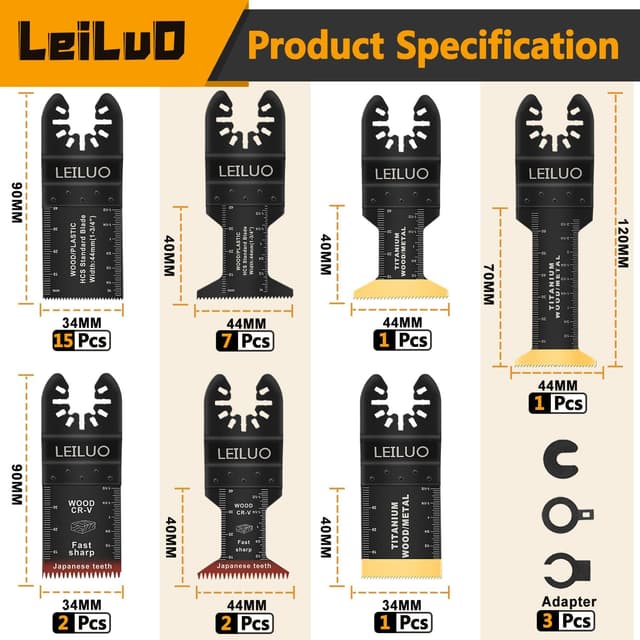 Detalle de LEILUO 32-piece Titanium Multi Tool Blades Kit for Wood, Nails & Drywall