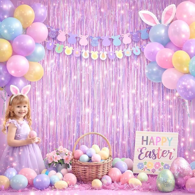 Detalle 2 de Melsan 3-Pack Tinsel Fringe Curtain Backdrops for Easter, Pinkish Purple (Photo Booth & Party Decor)